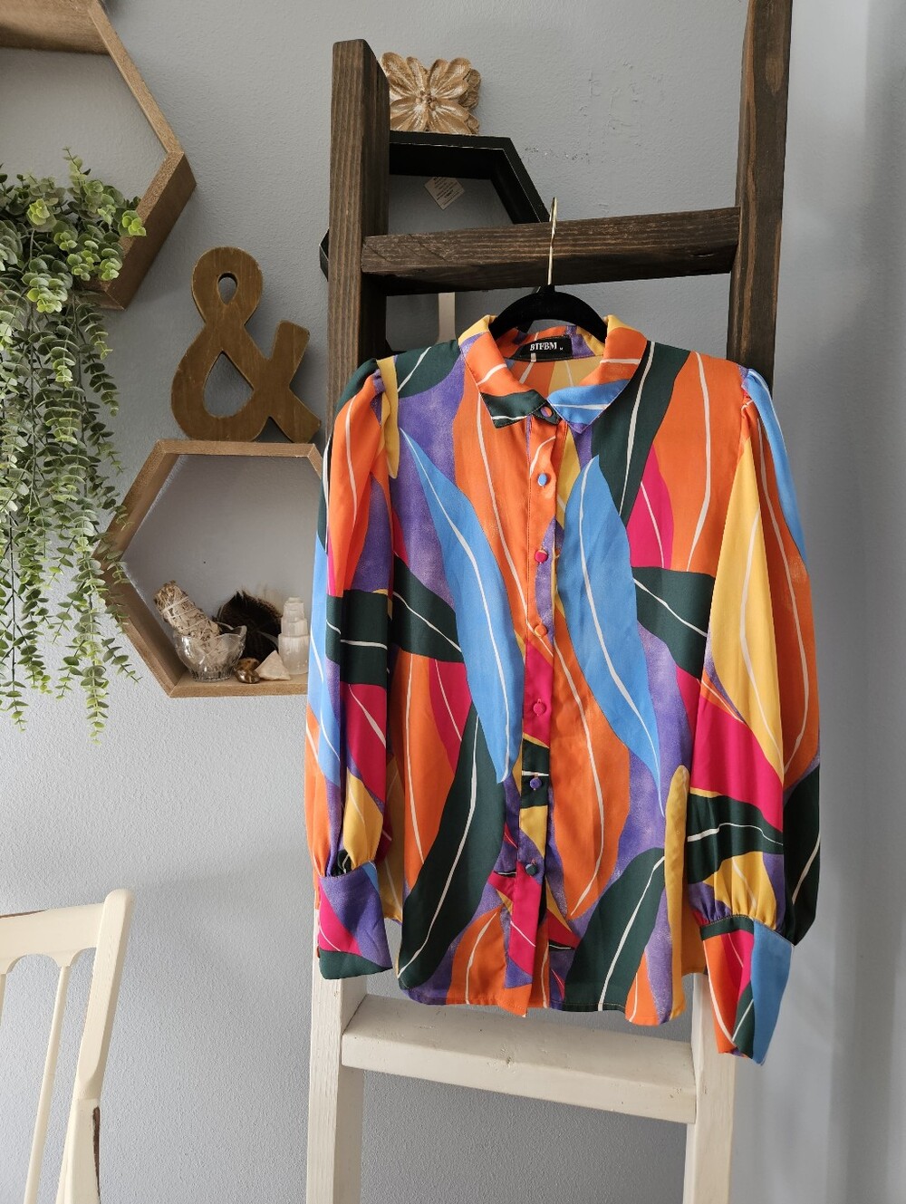 Abstract Vibrant Multicolor Button-Front Blouse by BTFBM Size Medium